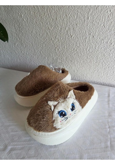 Kadın Kedili Peluş Rahat Ev Terliği 25bnt133 Kahverengi