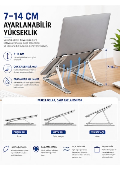 Alüminyum Katlanabilir Laptop Standı Ayarlanabilir Dizüstü Bilgisayar Yükseltici Ergonomik Notebook Standı Kaymaz Taşınabilir