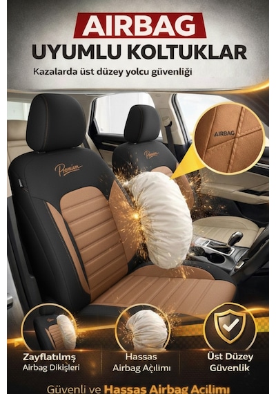 Premium Serisi Lüks Keten Üniversal Oto Koltuk Kılıfı - 5 Koltuk Tam Set Taba