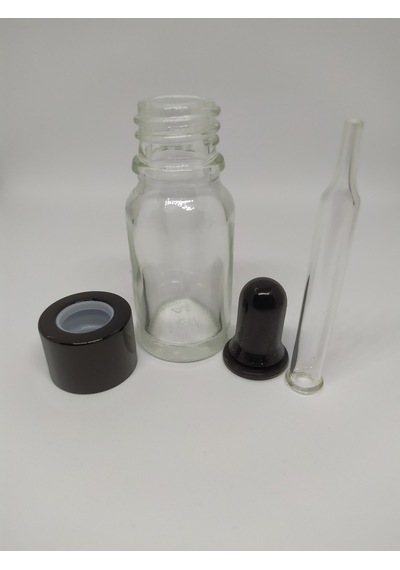10Ml Cam Şeffaf Şişe İnce Cam Damlalık Siyah Metal Kapak (10 Ad.)