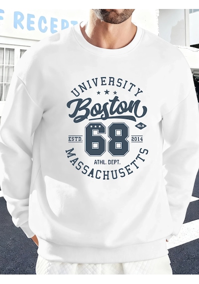 Tarzsokak Üniversite Boston Massachusetts Baskılı Erkek Tişörtü Spor Bol Giysiler Yumuşak Rahat Kazakla Beyaz