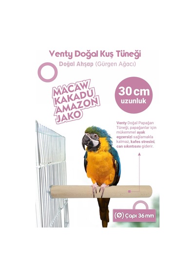 Vixpet Venty Büyük Papağan Tüneği 30 Cm 36 Mm / Doğal Ahşap Kuş Tüneği