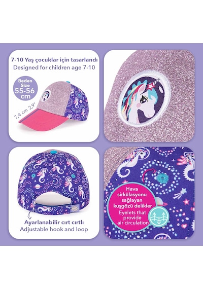 Milk & Moo Ayris 7-10 Yaş Kız Şapkası - Unicorn Temalı, Simli, Pembe-mor, Ayarlanabilir Yazlık