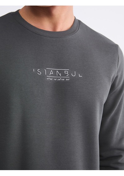 Lcwaıkıkı Classic Antrasit Bisiklet Yaka Baskılı Erkek Sweatshirt