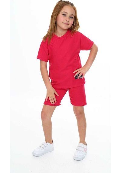 My Kids Wear Bisiklet Yaka Şortlu Kız Çocuk Şortlu Takım Kırmızı