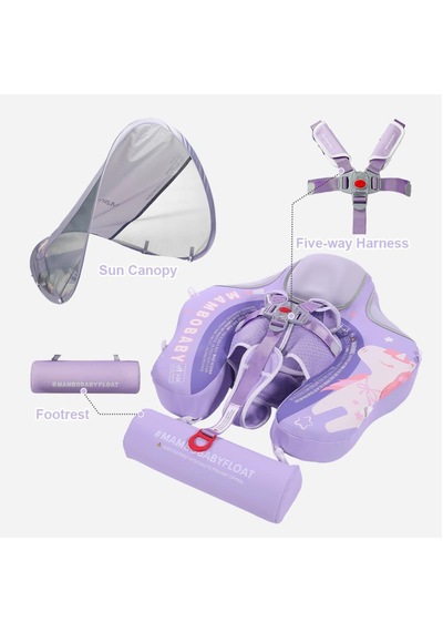 Mambobaby Yüzme Simidi - Purple Unicorn, Emniyetli, Gölgelikli Ve Ayak Destekli