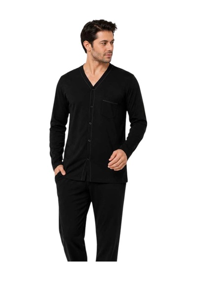 Öztaş 12074-a Erkek Önü Düğmeli Uzunkol %100 Pamuk Pijama Takım Siyah