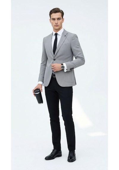 Plus Scorpion Açık Gri Kırçıllı Erkek Blazer Ceket Torba Cepli, Çift Yırtmaçlı, Dokulu Premium Kumaş Slim Fit Gri