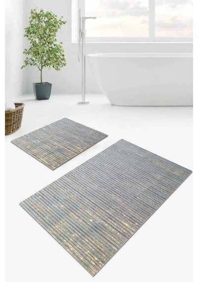 Mavi Çizgili Banyo Halısı Klozet Takımı Paspas Seti Bs021n11