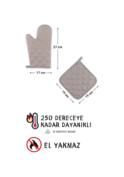 Simple 3lü Set Ayar Askılı Mutfak Önlüğü Seti Eldiven, Tutacak Açık Gri