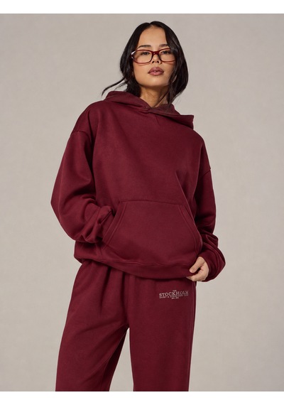 Macklin Unisex Kadın Erkek Stockholm Baskılı Oversize 3 Iplik Kapüşonlu Sweatshirt Ve Baggy Eşofman Altı Bordo
