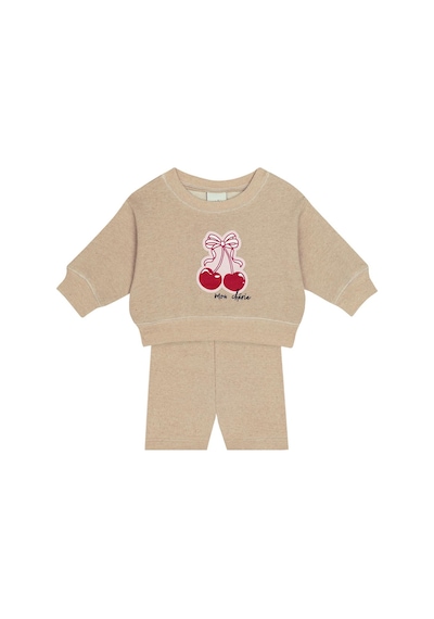 Antebies Pamuk, Sustainable, Bej Kiraz Baskılı Kız Bebek Sweatshirt Biker Takım Kırmızı