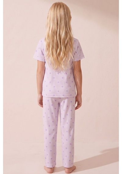 Siyah İnci Pamuklu Fitilli Kaşkorse Örme Pijama Takım 26120402 Lila Mor Çiçek