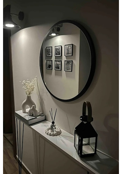 Dekoratik Yuvarlak Ayna 60 Cm Çap Antre Hol Koridor Duvar Salon Mutfak Banyo Ofis Makyaj Aynası - Siyah Siyah