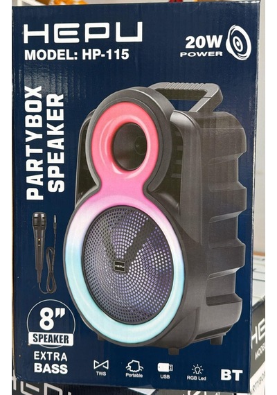 Hepu Hp-115 8'' 20cm Kablolu 1 El Mikrofon Bluetooth Şarjlı Müzik Kutusu
