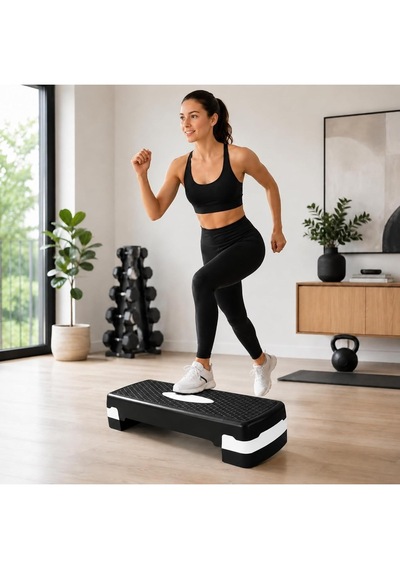 2 Kademeli Ayarlanabilir Step Tahtası Kaymaz Yüzeyli Aerobik Fitness Kardiyo Egzersiz Platformu Siyah Beyaz