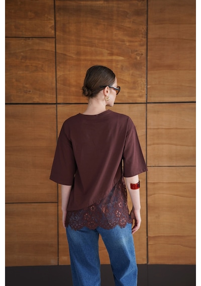 Verymoda Dantel Detaylı Asimetrik Tişört D2953 Kahve