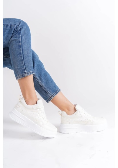 Mevese Avela Kalın Taban Bağcıklı Günlük Kadın Sneaker Beyaz Detaylı Kırık Beyaz