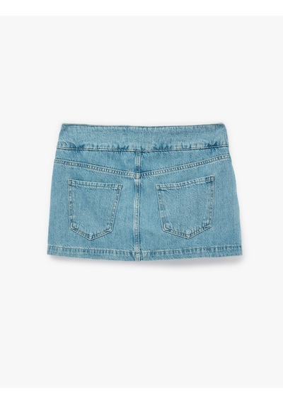 Koton Pamuklu Cep Detaylı Düğmeli Denim Mini Şort Etek Açık İndigo 6sal70043md