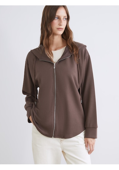 Lcw Everyday Kahverengi Kapüşonlu Oversize Kadın Fermuarlı Sweatshirt