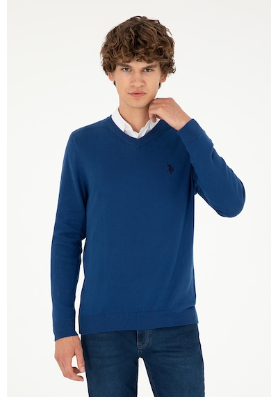 U.S. Polo Assn. Erkek Slim Fit V Yaka İndigo Basic Kazak 50293512-VR028
