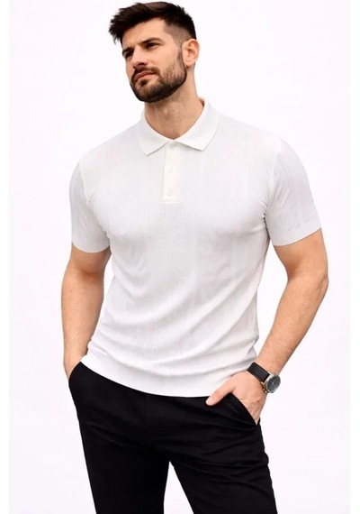 Erkek Yazlık Triko Tişört Kısa Kol Polo Yaka Düğmeli T-shirt - Beyaz
