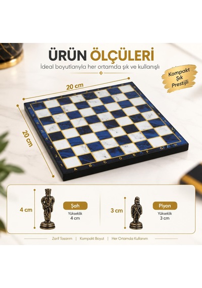 Lüks Metal Satranç Takımı Osmanlı Bizans Figürlü Krom Mavi Mermer Desenli 20x20 Premium Hediye Seti