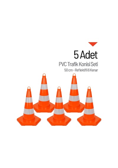 5 Adet Pvc Trafik Konisi 50 Cm Reflektifli 6 Kenar Trafik Dubası Seti-3550