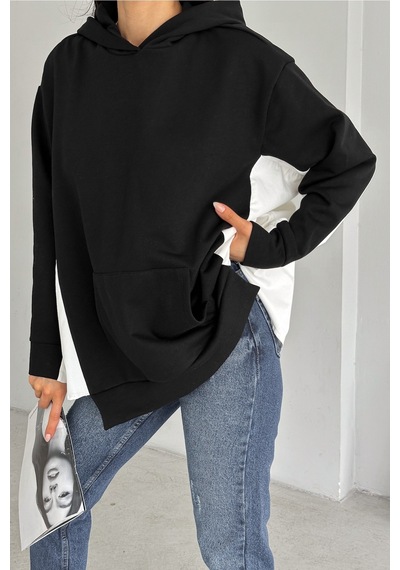 Femelle Kadın Siyah Standart Beden Oversize Kalıp Cepli Tasarım Sweatshirt