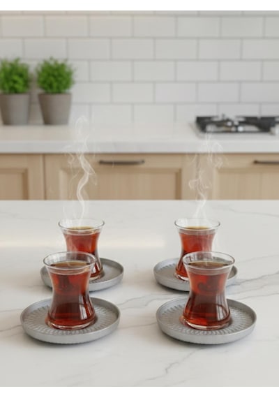12 Parça Çay Bardağı Ve Çay Tabağı- Çay Takımı Seti Gri Renk Çay Tabağı Açık Gri