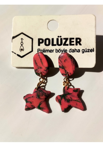 Polüzer Epoksili Pembe Yaprak Polimer Tasarım Küpe Pembe