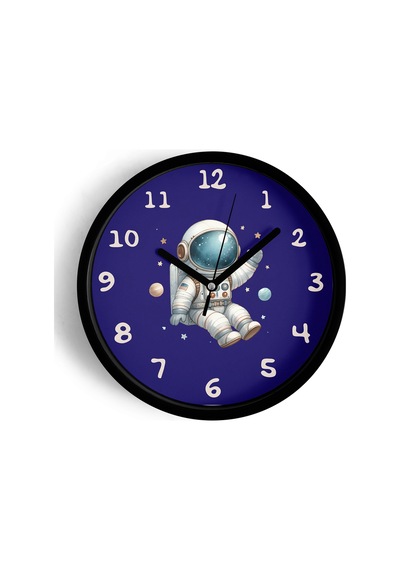 Astronot Tasarımlı Modern Çocuk Odası Duvar Saati - 25cm - Önü Camlı Siyah Kasa - Sessiz Mekanizma-jh0991 Siyah