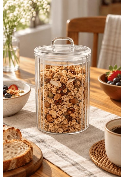 Atbyhome Kulplu Borosilikat Cam Kapaklı Çizgili Cam Kavanoz 1400 Ml - Vakumlu Erzak Ve Bakliyat Saklama Kabı Şeffaf