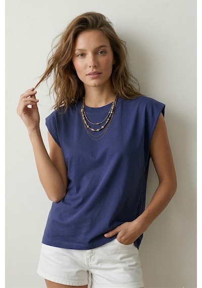 Elemge %100 Pamuk Süprem Tok Kumaş Kadın Oversize İndigo T-shirt Geniş Omuzlu Dökümlü Kolsuz Bol Kalıp