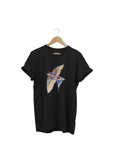 Kırlangıç Kuşu Dekoratif Baskılı %100 Pamuk Regular Fit Unisex T-shirt Siyah