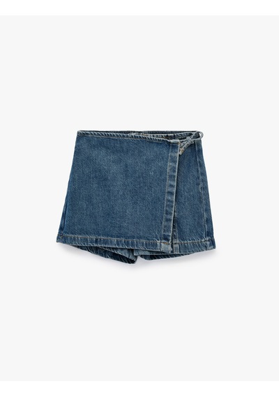 Koton Pamuklu Fermuar Detaylı Denim Şort Etek Orta İndigo 6skg40105ad