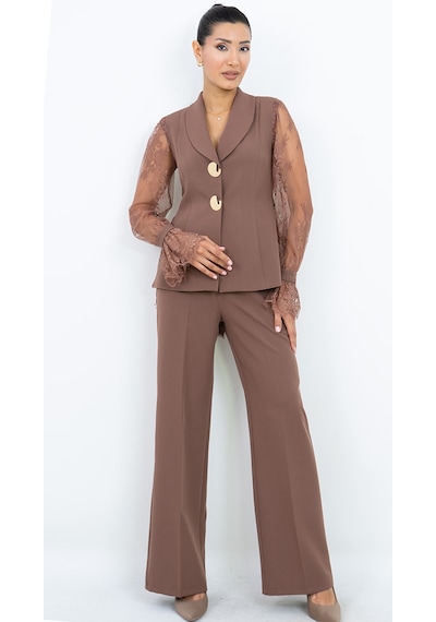 Dorne Moda Özel Seri Dantel Kollu Gold Düğmeli Şık Pantolonlu İkili Takım siyah Dorne Moda Özel Seri Dantel Kollu Gold Düğmeli Şık Pantolonlu İkili Takım siyah
