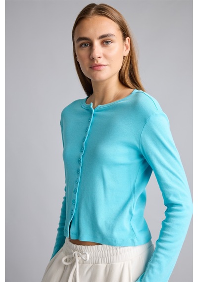 Defacto Slim Fit Bisiklet Yaka Düğmeli Ribana Uzun Kollu Basic Hırka I9576ax26autr111 Turkuaz-tr111