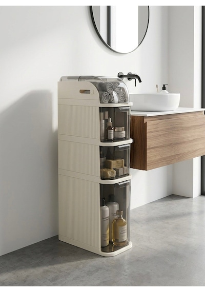 Xl Portatif Dolap Çok Amaçlı Tekerlekli Banyo Dolabı Şeffaf Kapaklı Düzenleyici Organizer Krem