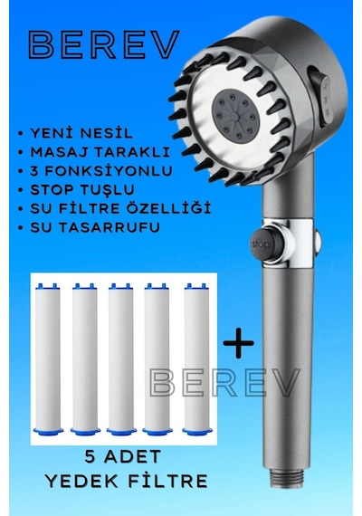 Berev Masajlı 3 Fonksiyonlu Su Tasarruflu Filtreli Turbo Jet Duş Başlığı Siyah 5 Adet Filtre Siyah