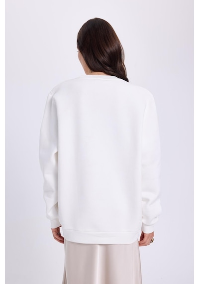 Tudors Kadın Oversize Geniş Kesim Pamuklu 3 İplik İçi Polarlı Basic Beyaz Bisiklet Yaka Sweatshirt-41553 Beyaz