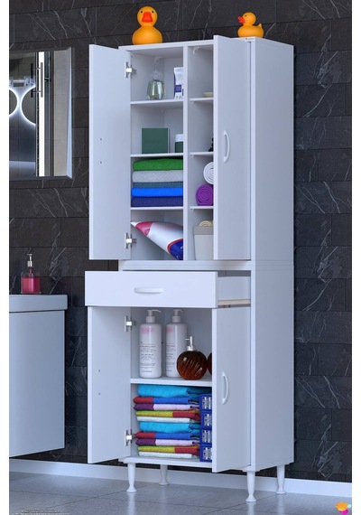 Yeni Afra 55 Cm 4 Kapaklı 10 Raflı Ve Çekmeceli Çok Amaçlı Banyo Dolabı Beyaz