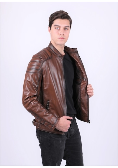 New Zaya Leather Erkek Açık Kahverengi Deri Mont Hakiki Deri Açık Kahverengi