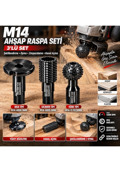 3 Parça Ahşap İşleme Oyma Kanal Açma Seti M14 Avuç Taşlamaya Uygun
