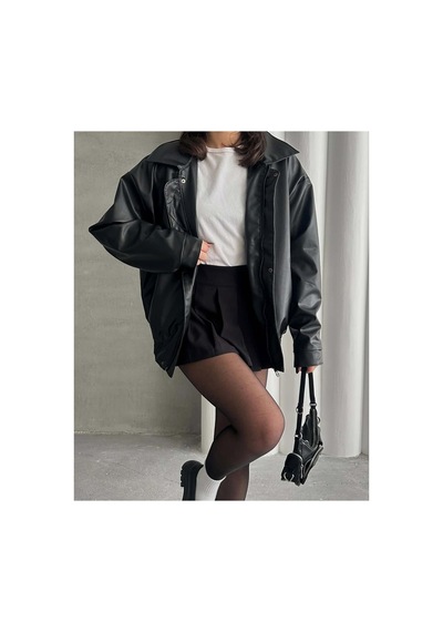 Meecy Unisex Oversize Vintage Siyah Deri Ceket Siyah Siyah