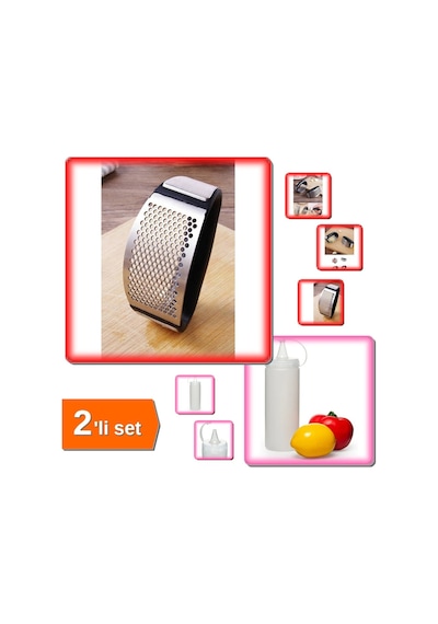 Yeni Sarımsak Ezici Paslanmaz Çelik + Şeffaf Sos Şişesi 400 Ml - 2li Set E4p3n9 Diğer