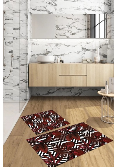 Buççin Online Mağaza Dijital Baskılı Yıkanabilir Klasik Çiçek Desenli Banyo Paspası Klozet Takımı Polyester Kırmızı Çok Renkli