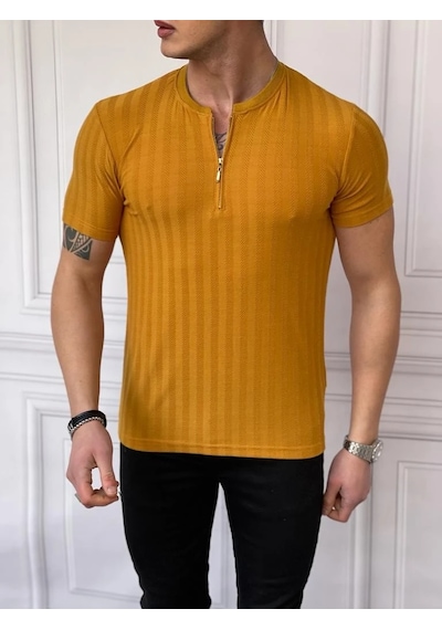 Modefendi Slim Fit Sıfır Yaka Fermuar Detaylı Triko Tshırt Hardal