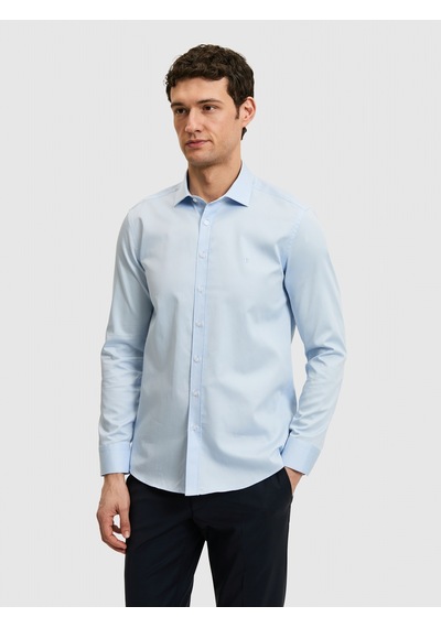 Cacharel Açık Mavi Slim Fit %100 Pamuk Yarım İtalyan Yaka Klasik Gömlek Denım