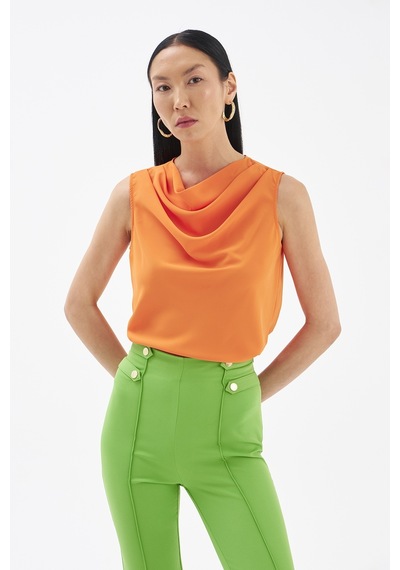 Sateen Degaje Yaka Kolsuz Bluz - Oranj